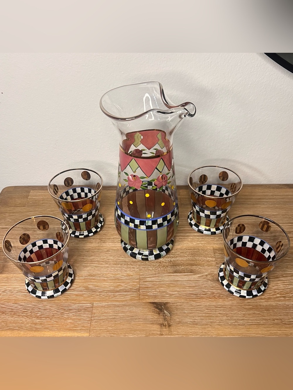 MacKenzie-Childs Hand-Painted 5-Piece Pitcher & Tumbler Set Courtly Check Floral